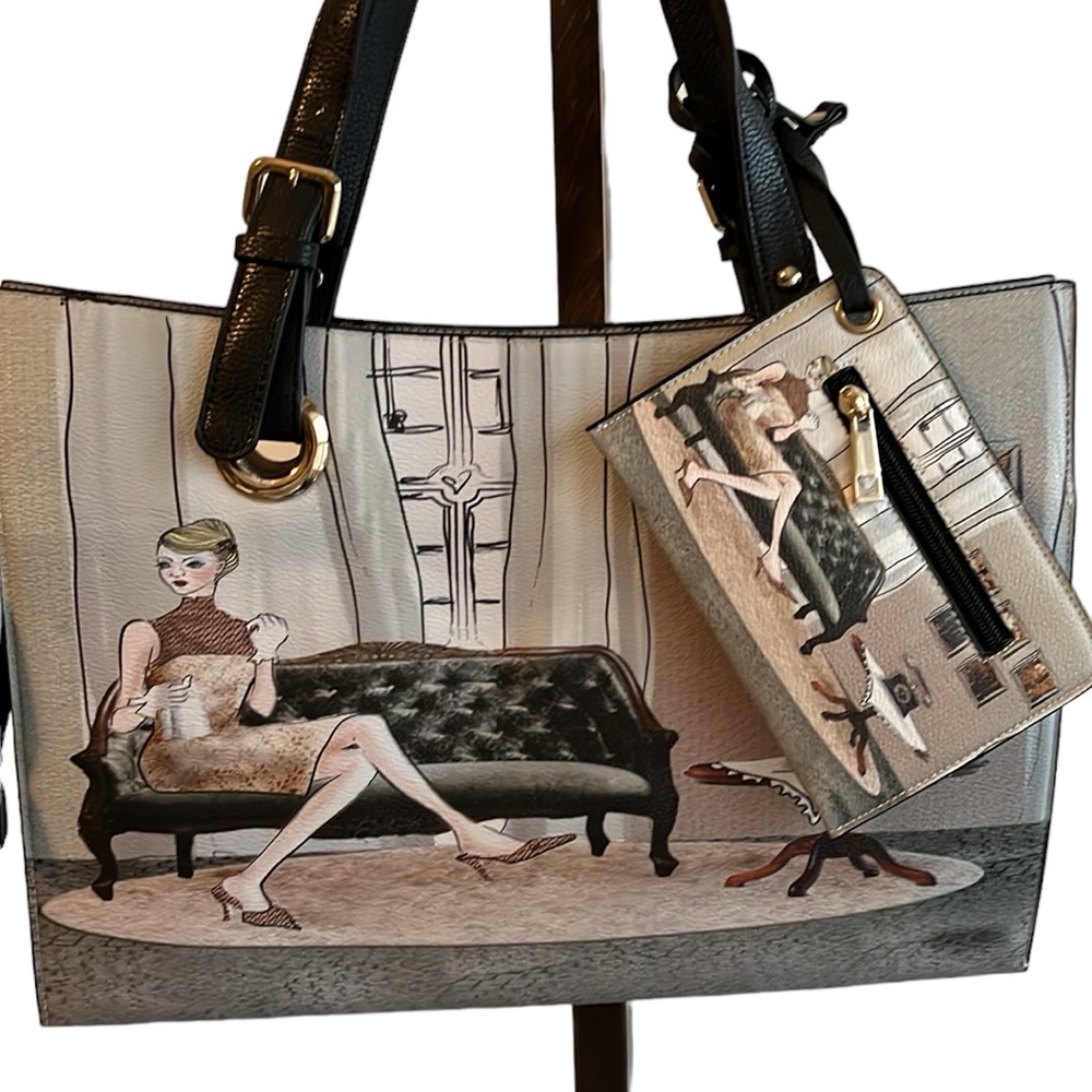 Ms. Caprice Handbag Tote with Living room Graphic and Matching Wallet NWOT